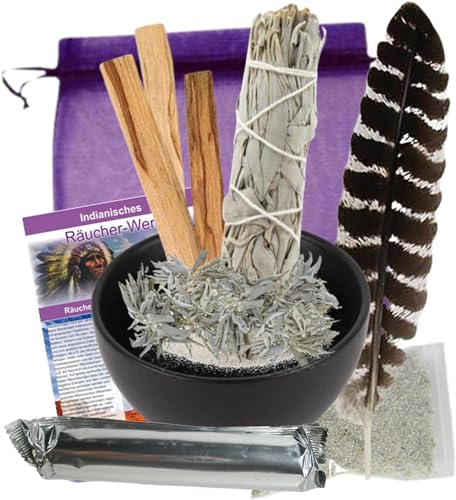 Räucherschale Räuchergefäß [Smudge Bowl] + weißer Salbei zum räuchern 13-TLG Räucher-Set + Palo-Santo + Räucherkohle Räucherfeder Räucheranleitung Täschchen Zubehör Booklet 82830-9 von Naturheilmittel Heilsteine Methusalem GmbH Neu-Ulm