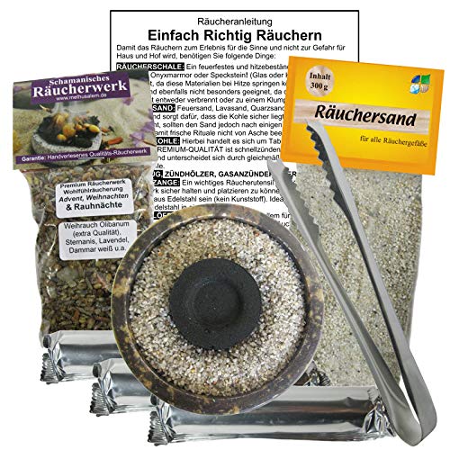 Räuchern-Starter-Set 8-TLG für jedes Räucherwerk MIT duftender Wohlfühl Räucherung 30 Tabs Räucherkohle + Räucherzange + Naturstein Räucherschale + Räuchersand + Räucheranleitung. 81116-2B von Naturheilmittel Heilsteine Methusalem GmbH Neu-Ulm
