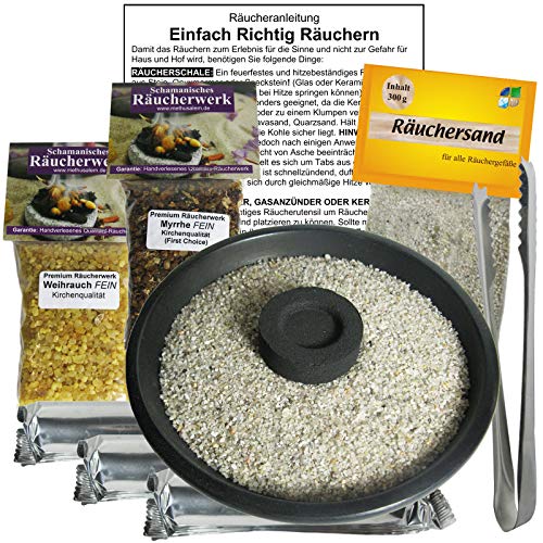 Räuchern-Starter-Set 9-TLG für jedes Räucherwerk. Mit Weihrauch & Myrrhe zum Räuchern + 30 x Räucherkohle + Räucherzange + 12cm Räucherschale + ZUBEHÖR + Anleitung. 81116-7S12 von Naturheilmittel Heilsteine Methusalem GmbH Neu-Ulm