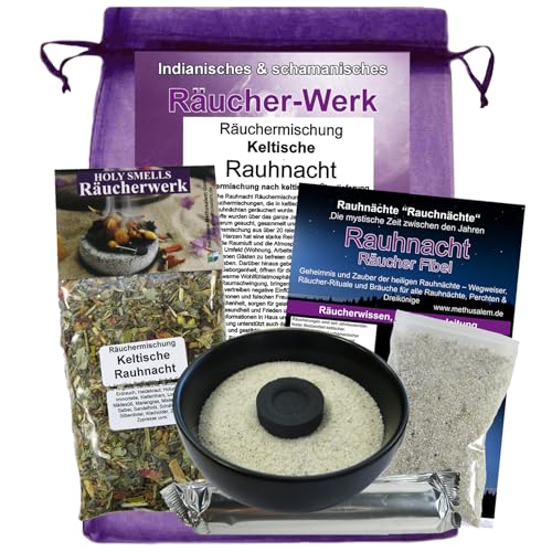 Rauhnächte räuchern 7-TLG Räucher-Set KELTISCHE RAUHNACHT 22-Kräuter Räuchermischung mit RÄUCHERSCHALE, Räucherkohle, Anleitung, Rauhnachtfibel, Zubehör 81143-S von MyTobaQ