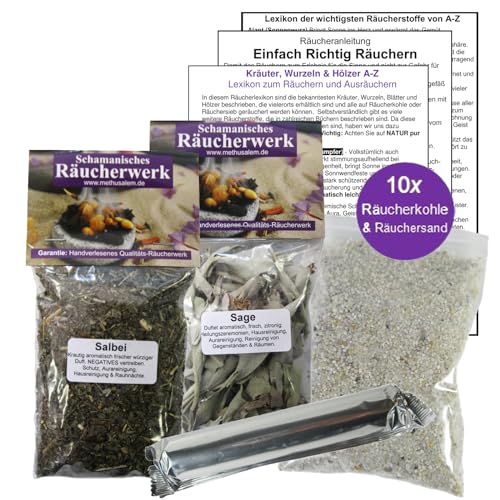 Salbei & weißer Salbei White Sage zum räuchern 2 x 60ml Räucherwerk 6-TLG Räucher-Set mit Räucherwerk für Hausreinigung & Rauhnächte inkl Räucherkohle + ZUBEHÖR. 81890-11 von Naturheilmittel Heilsteine Methusalem GmbH Neu-Ulm