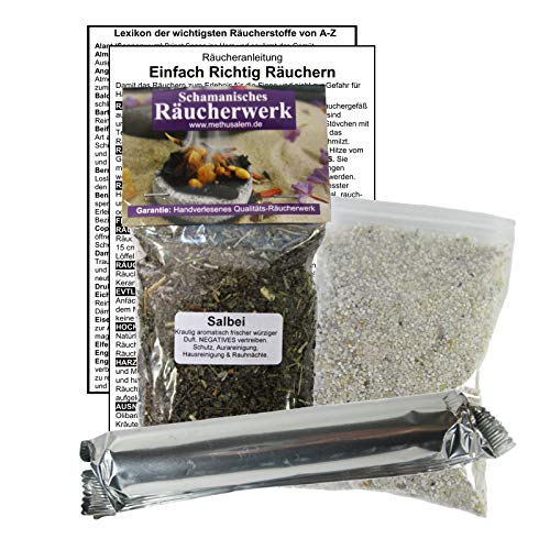Salbei zum RÄUCHERN. 14-TLG Räucherset - 60ml Räucherwerk mit Räucherkohle (10x) + Räuchersand + Räucheranleitung + Lexikon der wichtigsten Räucherstoffe A-Z. 82060-X75 von Naturheilmittel Heilsteine Methusalem GmbH Neu-Ulm