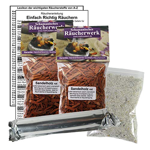 Sandelholz ROT zum RÄUCHERN. 15-TLG Räucherset - 2X 60ml Räucherwerk mit Räucherkohle (10x) + Räuchersand + Räucheranleitung + Lexikon der wichtigsten Räucherstoffe A-Z. 82060-XX76 von Naturheilmittel Heilsteine Methusalem GmbH Neu-Ulm