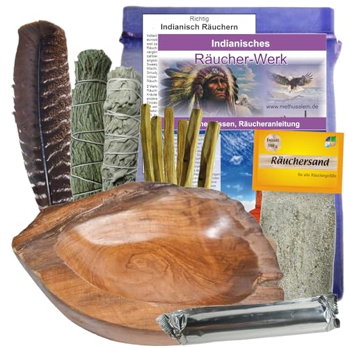 Smudge Kit & Bowl (XXL) Wurzel Holz RÄUCHERSCHALE 16-TLG Set mit Räucherwerk SAGE Salbei Zeder Palo-Santo zum RÄUCHERN für Hausreinigung & Rauhnächte + Räucherfeder + ZUBEHÖR. 81007-7XXL von Naturheilmittel Heilsteine Methusalem GmbH Neu-Ulm