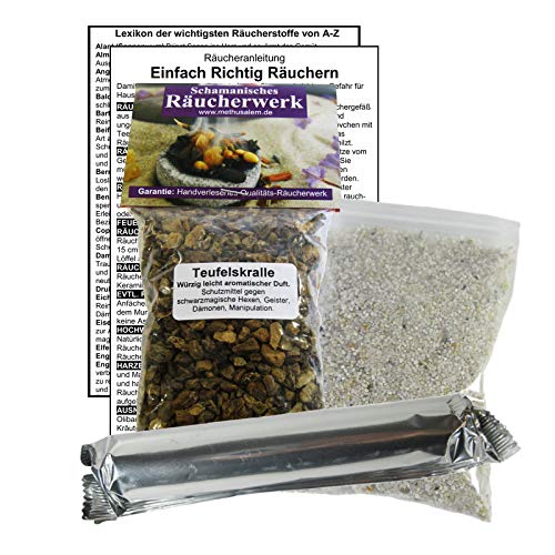 TEUFELSKRALLE Devils Claw zum RÄUCHERN. 14-TLG Räucherset - 60ml Räucherwerk + Räucherkohle (10x) + Räuchersand + Räucheranleitung + Lexikon der wichtigen Räucherstoffe A-Z. 82060-X84 von Naturheilmittel Heilsteine Methusalem GmbH Neu-Ulm