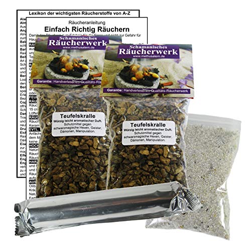 TEUFELSKRALLE Devils Claw zum RÄUCHERN. 15-TLG Räucherset - 2X 60ml Räucherwerk + Räucherkohle (10x) + Räuchersand + Räucheranleitung + Lexikon der wichtigen Räucherstoffe A-Z. 82060-XX84 von Naturheilmittel Heilsteine Methusalem GmbH Neu-Ulm