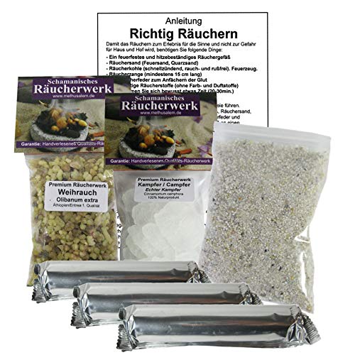 Weihrauch Olibanum & Naturkampfer zum räuchern 8-TLG Räucherset + 3 Rollen Räucherkohle + ZUBEHÖR + Lexikon der Räucherstoffe. 81116-18 von Naturheilmittel Heilsteine Methusalem GmbH Neu-Ulm