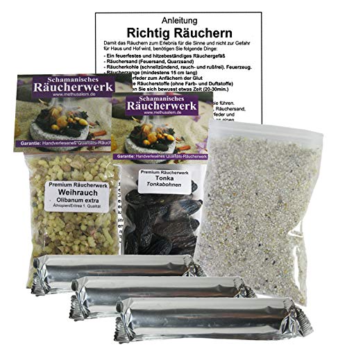 Weihrauch Olibanum & Tonka Tonkabohnen zum räuchern 8-TLG Räucherset + 3 Rollen Räucherkohle + ZUBEHÖR + Lexikon der Räucherstoffe. 81116-17 von Naturheilmittel Heilsteine Methusalem GmbH Neu-Ulm