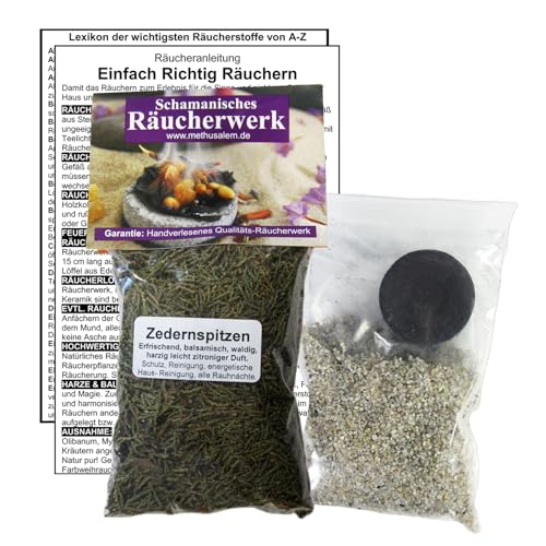 ZEDER Zedernspitzen zum RÄUCHERN. 5-TLG Räucherset - 60ml Räucherwerk + Räucherkohle (1x) + Räuchersand + Räucheranleitung + Lexikon der wichtigen Räucherstoffe A-Z. 82060-97 von Naturheilmittel Heilsteine Methusalem GmbH Neu-Ulm