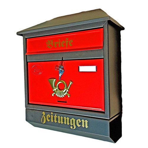 Naturholz-Schreinermeister Großer Briefkasten/Postkasten XXL Schwarz Matt/Rot mit Zeitungsrolle Zeitungsfach Schrägdach Trapezdach von Naturholz-Schreinermeister