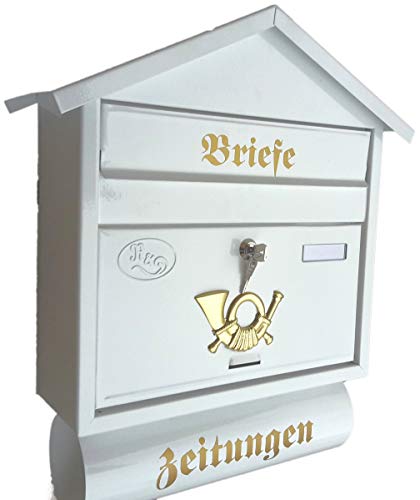 Naturholz-Schreinermeister Großer Briefkasten/Postkasten XXL Weiß mit Zeitungsrolle Zeitungsfach Spitzdach Zeitungsrohr von Pachurka & Dąże