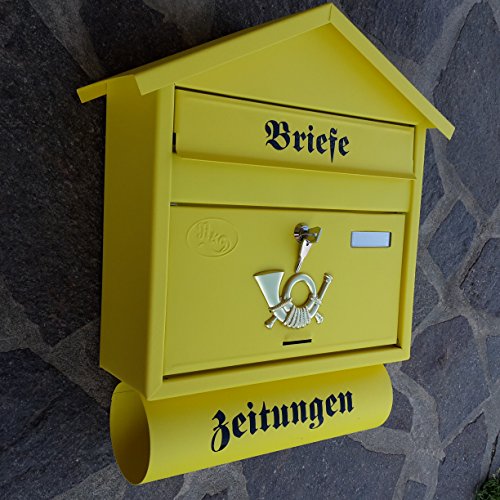 Naturholz-Schreinermeister Großer Briefkasten/Postkasten XXL Gelb Matt mit Zeitungsrolle Zeitungsfach Spitzdach Zeitungsrohr Bicolor von Naturholz-Schreinermeister