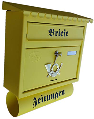 Großer Briefkasten/Postkasten XXL Gelb matt mit Zeitungsrolle Flachdach Katalogeinwurf Zeitungsfach von Naturholz-Schreinermeister