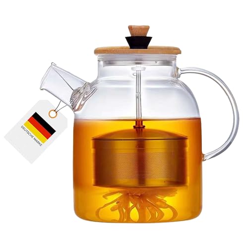 Teekanne aus Glas mit Sieb - 1,6 l Teekanne mit Siebeinsatz - Teekanne mit Hebe und Senk Funktion - Kanne aus glas mit Siebeinsatz - Deckel und Edelstahl Sieb abnehmbar (Teekanne 1,6 Liter) von Naturic