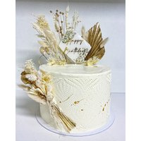 Tortentopper Oder Trockenblumenstrauß Mit Vase in Weiß Goldenen Akzenten, Mohn, Pampasgras, Glixia Lagurus, Craspedia, Palmblatt von Naturlandhandmade