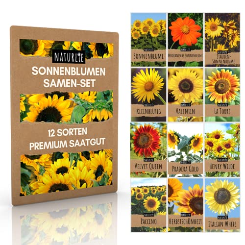 12er Sonnenblumen Samen Set - 12 schöne Sorten Premium Sonnenblumensamen - Blumen Saatgut für Bienen - super Garten Geschenk - Blumensamen Sommerblumen Anzuchtset von Naturlie von Naturlie