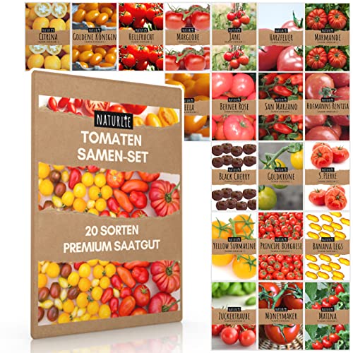 20er Tomaten Samen Set - 20 Sorten Tomatensamen für Balkon und Garten - Tomaten Anzuchtset - bunte und alte Tomatensorten von Naturlie - Garten Samen Gemüse als praktisches Tomatenset von Naturlie