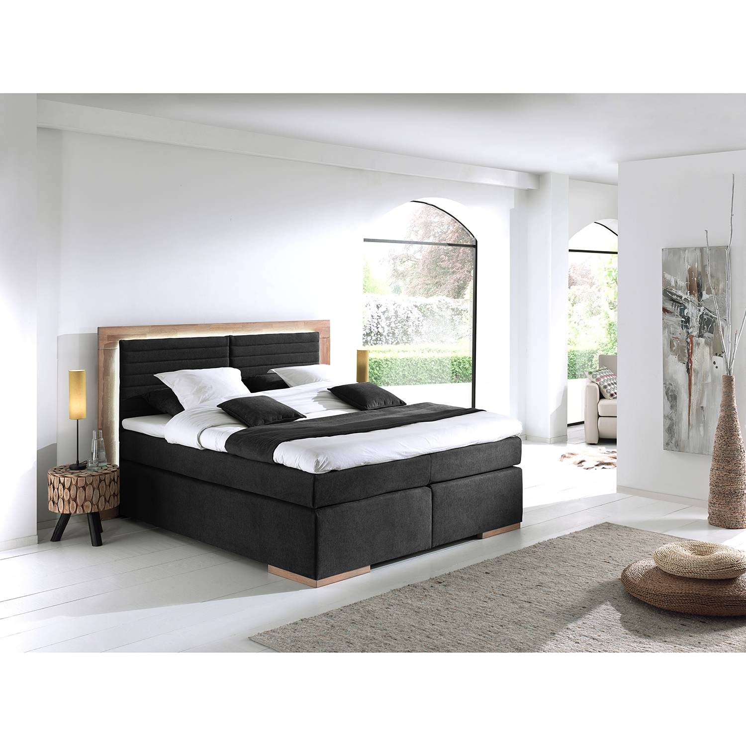 home24 Boxspringbett Marcel II 180 x 200cm Microfaser Schwarz/Schwarz Doppelmatratze H2/H4 Buche von home24