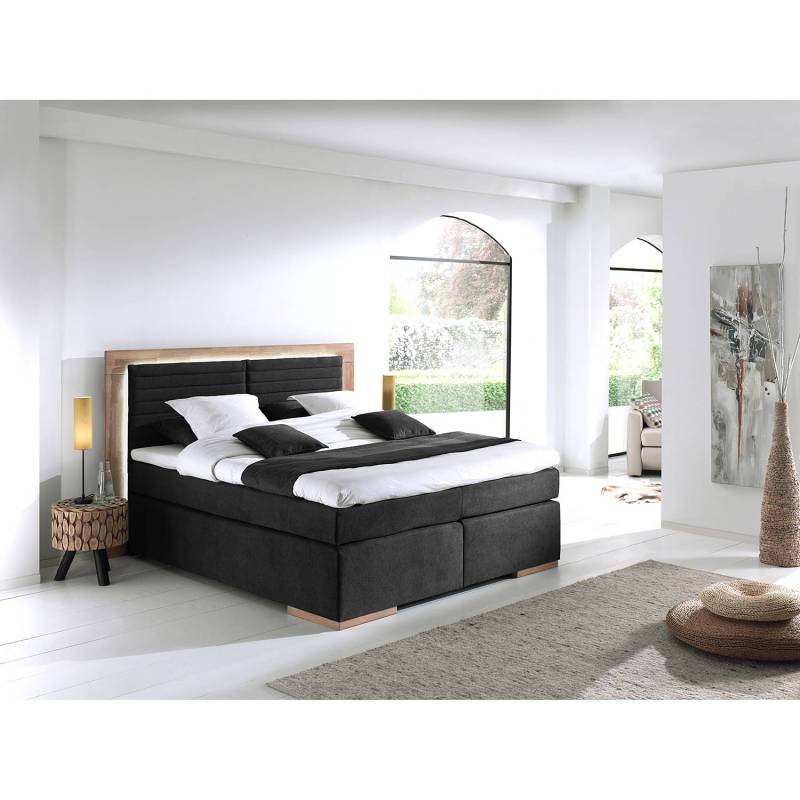 home24 Boxspringbett Marcel II 180 x 200cm Microfaser Schwarz/Schwarz Doppelmatratze H2/H4 Buche von home24