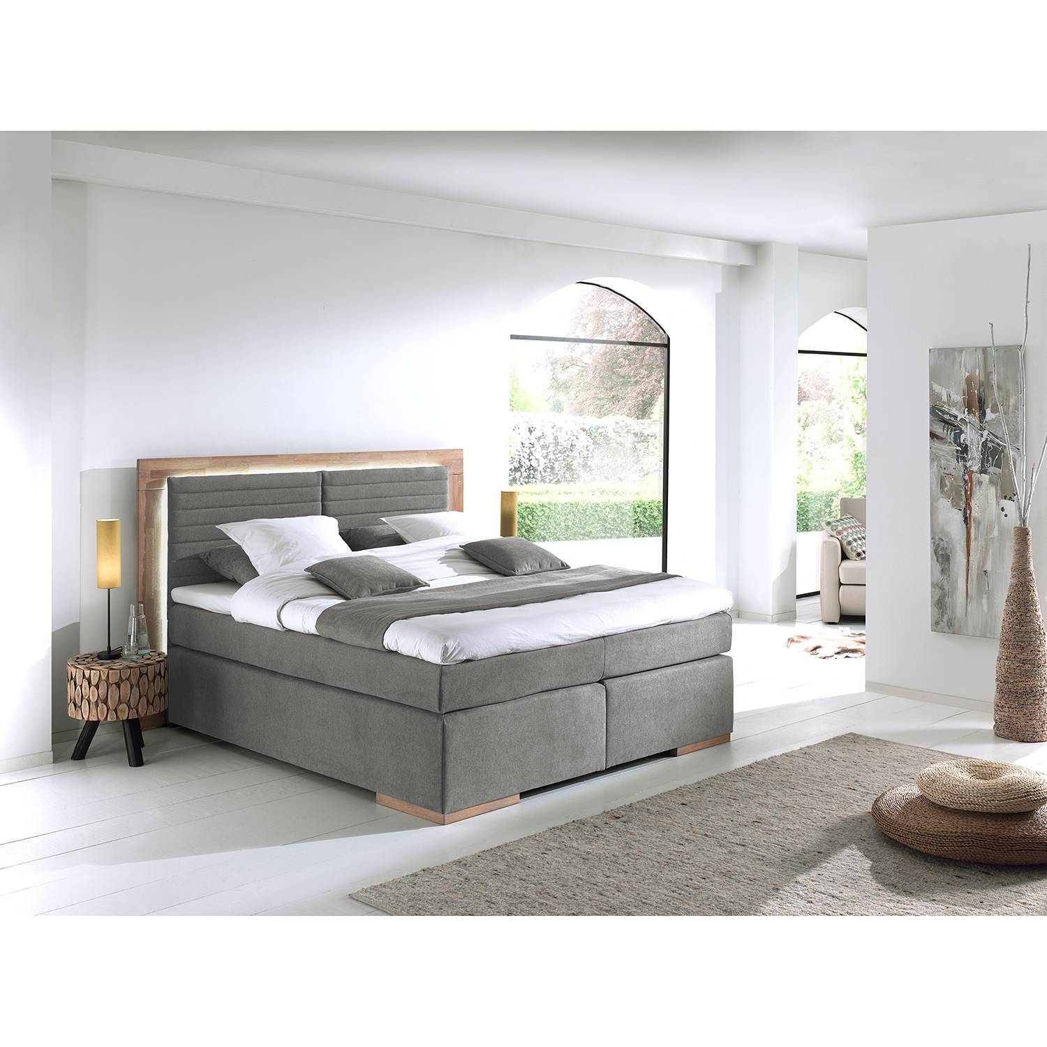 Naturoo Boxspringbett Marcel I 160x200 cm Webstoff/Massivholz Eiche Grau mit Matratze von Naturoo