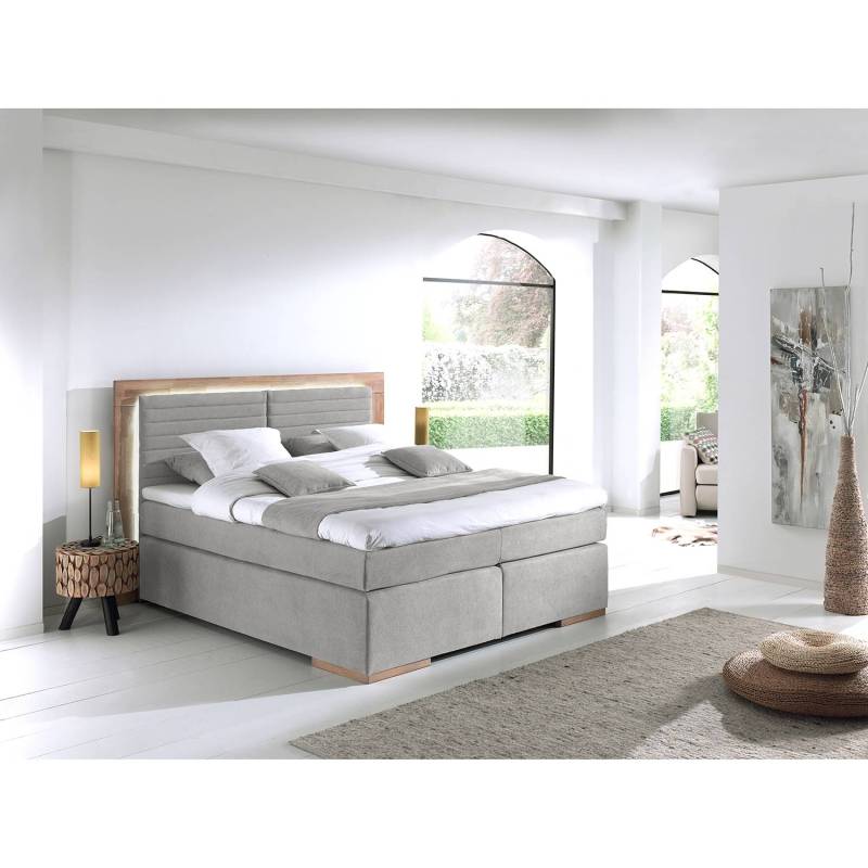 Naturoo Boxspringbett Marcel I 160x200 cm Webstoff/Massivholz Eiche Hellgrau mit Matratze von Naturoo