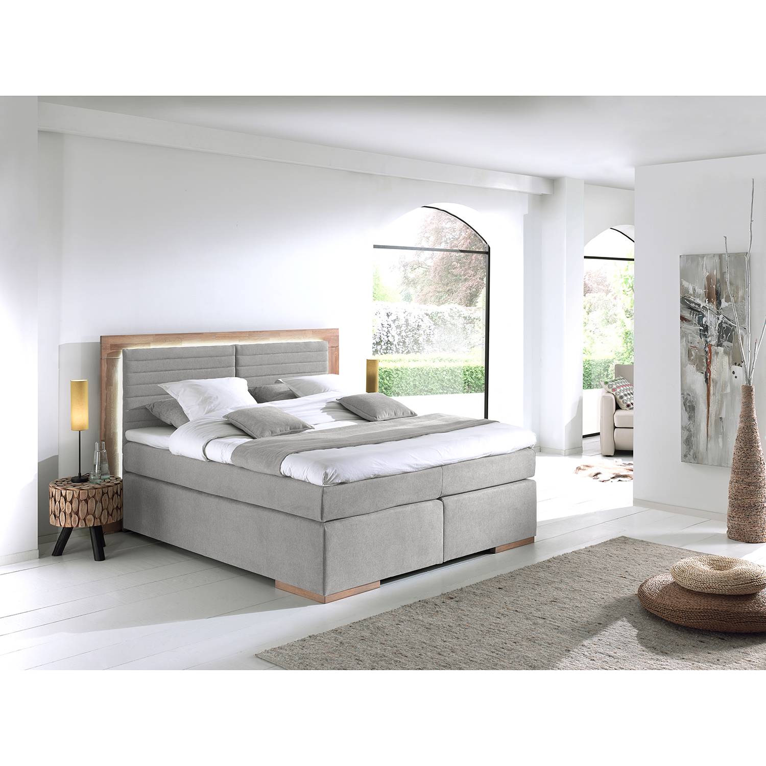 Naturoo Boxspringbett Marcel I 180x200 cm Webstoff/Massivholz Eiche Hellgrau mit Matratze von Naturoo