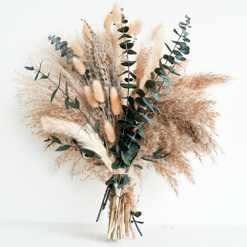 pampasgras deko - Tägliche Esszimmertisch Deko - Tischdeko & Trockenblumen Grünpampasgras Klein für Wohnzimmer, Deko Blumen Künstlich & Sommer Wohnung Deko im Boho Stil, Eucalyptus von Naunauya