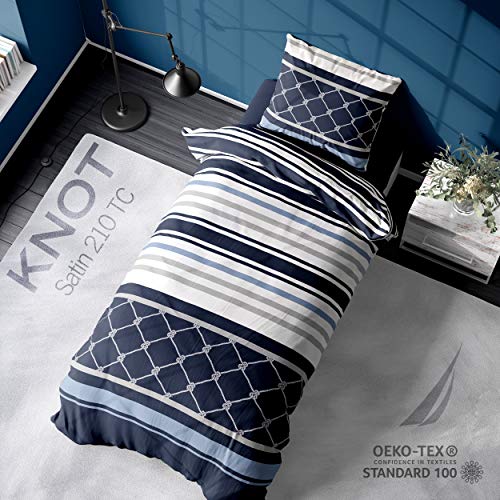 Nautica Home Knot BETTWÄSCHE Set Satin 100% Baumwolle Wendebettwäsche Mit Reißverschluss YKK 135X200 + 80X80 Kissenbezug Single 1 Person von Nautica