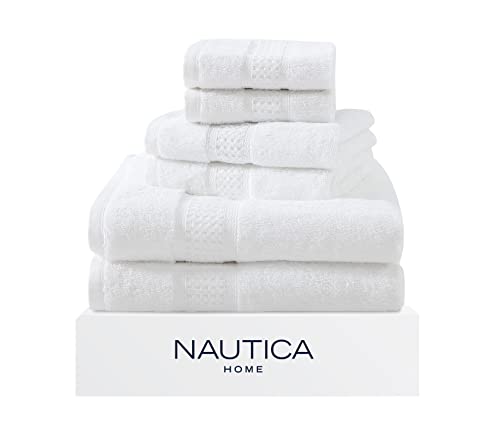 Nautica - 6-teiliges Badetücher, saugfähiges und lichtbeständiges Baumwoll-Handtuch-Set, modische Badezimmer-Dekoration (Oceane White, 6-teilig) von Nautica
