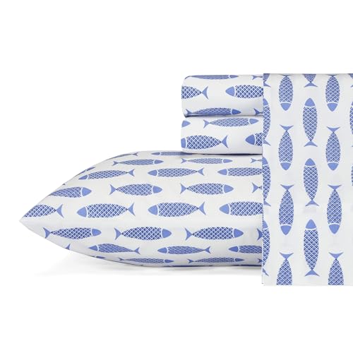 Nautica - Bettwäsche-Set für Doppelbett, Baumwoll-Perkal-Bettwäsche-Set, knackig und kühl, leicht und atmungsaktiv (Woodblock Fish Blue, Twin) von Nautica