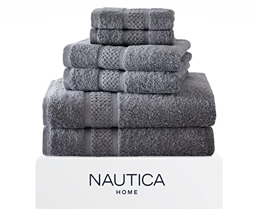 Nautica - 6-teiliges Badetücher, saugfähiges und lichtbeständiges Baumwoll-Handtuch-Set, modische Badezimmer-Dekoration (Ozeane Grau, 6-teilig) von Nautica
