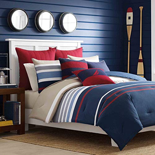 Nautica – Queen-Bettbezug-Set, Baumwolle Wendebettwäsche mit Knopfverschluss, stilvolle Heimdekoration (Bradford Navy/Khaki, Queensize) von Nautica