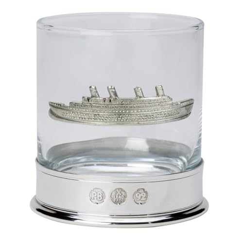 Whiskybecher aus Zinn mit Titanic-Abzeichen Whiskybecher aus Zinn mit Titanic-Abzeichen von Nauticalia
