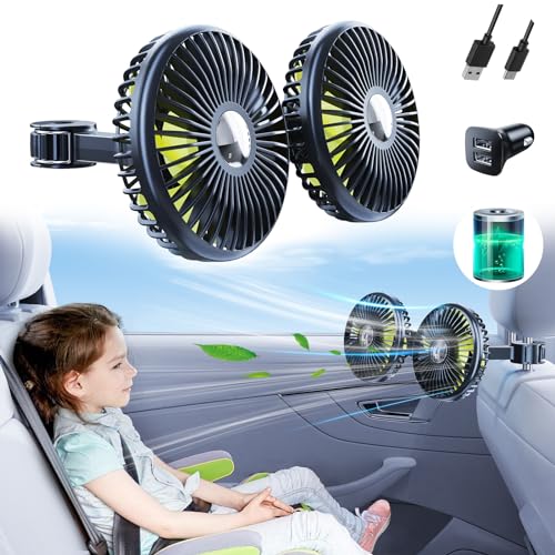 Nauttxon Akku Ventilator für Auto Rücksitz mit Einziehbarem Langem Arm, [Geschenk-Kfz Ladegerät & USB-C Kabel*1] 360° drehbar, 3 Geschwindigkeiten, separate Steuerung (Batterie) von Nauttxon