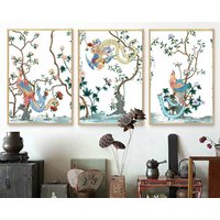 Nauzha Chinoiserie White Panels, 3Er Set, Seidenstoff, Wanddeko, Wandsticker, Wandbehang - Phoenix Nirvana P004 von NauzhaChinoiserie