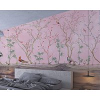 Nauzha Pink Chinoiserie Tapete Wandbild, Vintage Seide Wandplatten - Romance Si-020 von NauzhaChinoiserie