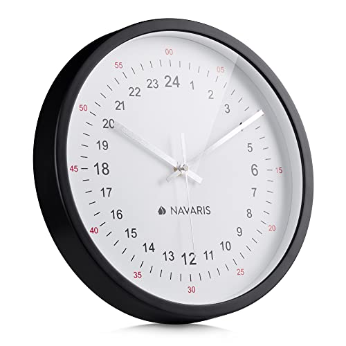 Navaris 24h Wanduhr schwarz rund mit weißem Ziffernblatt - 30 x 30 x 4cm - analoge Uhr zum Aufhängen mit 24 Stunden Zifferblatt - leise Wand Uhr von Navaris