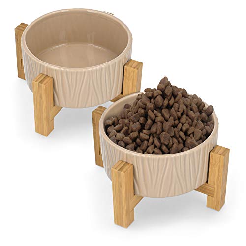 Navaris 2X Futternapf Katze mit Bambus Halter - Futterstation 2X Keramiknapf für Katzen Hunde - Keramik Fressnapf Set Futterbar mit Holz Halterung von Navaris