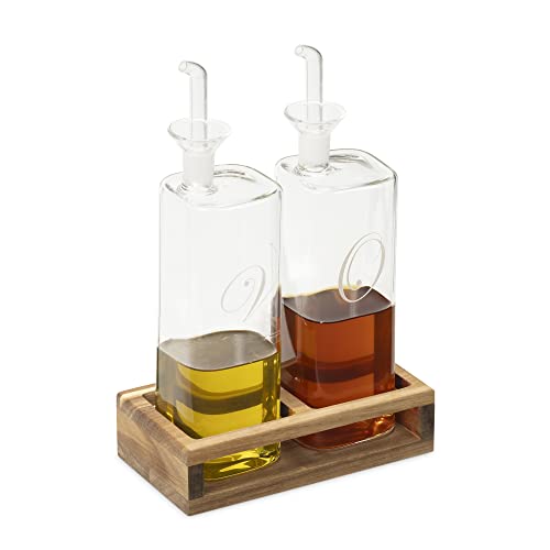 Navaris 2er Set Öl- und Essigspender aus Glas mit Holzständer - Ölflasche für Olivenöl Balsamico - 220ml je Flasche - 2x Ölspender mit Ausgießer von Navaris