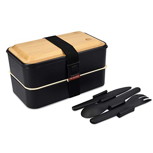 Navaris Bento Box Set inkl. Besteckhalter - Lunch Box mit Besteck und Bambus Deckel - Brotdose 2 Fächer luftdicht - Brotbox Set Kinder Erwachsene von Navaris