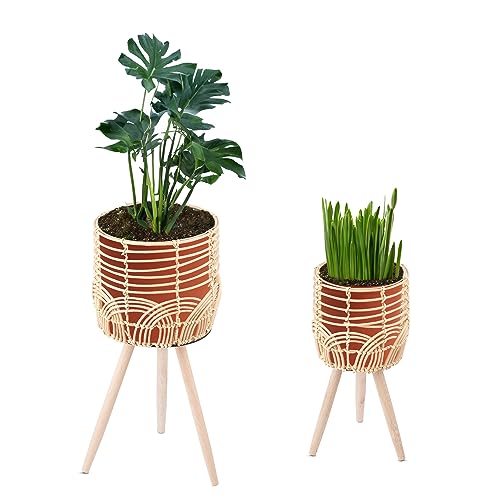Navaris 2x Blumentopf mit Ständer im Rattan Look - Boho Blumentopf geflochten - Pflanzen Hocker im Korb Design - Blumentopfständer mit Beinen aus Holz von Navaris