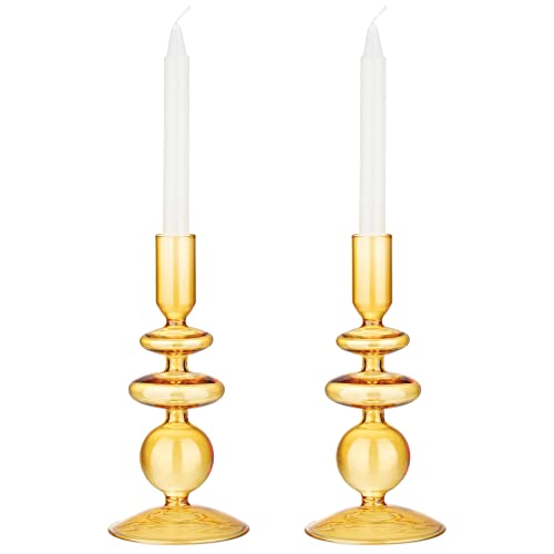 Navaris 2x Glas-Kerzenhalter für Stabkerzen - Kerzenständer Glas Stabkerzen - Kerzenständer Glas Stumpenkerzen - Stab Kerzenhalter 2er Set - Orange von Navaris