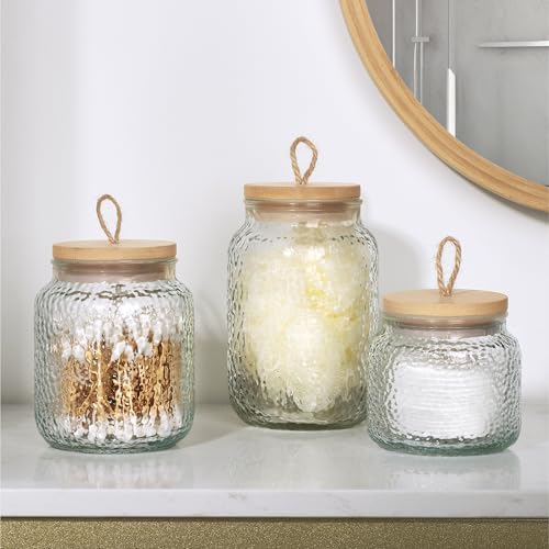 Navaris 3er Set Glasbehälter für Badezimmer - Aufbewahrung Badezimmer - Wattestäbchen Behälter Wattepads Ohrstäbchen Spender - Bad Organizer - Schminktisch Zubehör von Navaris