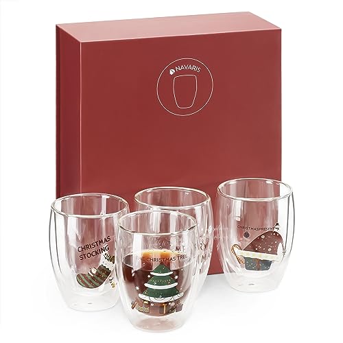 Navaris 4x doppelwandige Gläser 350ml - Thermogläser für Cappuccino Latte Macchiato Tee Wasser Cocktails - 4er Set Kaffeegläser Borosilikatglas - Weihnachtsmotive von Navaris