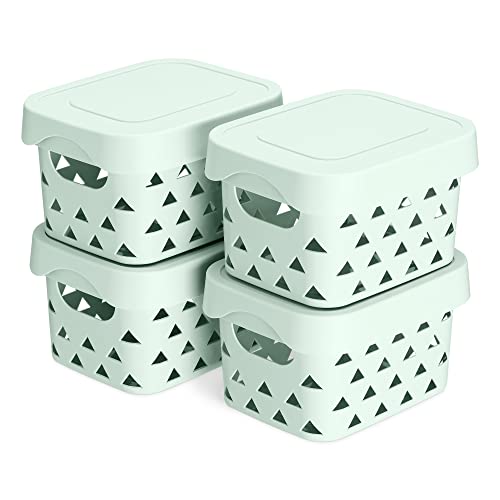 Navaris 4er Set Aufbewahrungsbox mit Deckel - Box aus Kunststoff klein - 4X Storage Kiste stapelbar - atmungsaktive Aufbewahrung Bad Regal - in Mint Grün von Navaris