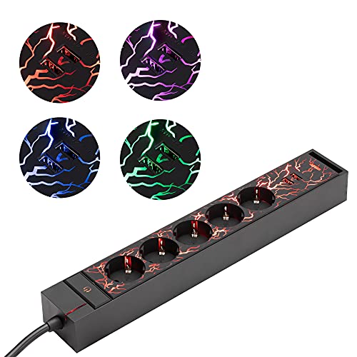 Navaris 5-fach Gaming Steckdosenleiste mit LED Beleuchtung - mit 2x USB Ports Farbwechsel und Schalter - Mehrfachsteckdose - Steckerleiste Schwarz von Navaris