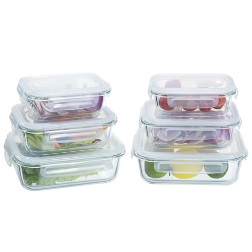 Navaris 6er Set Glasbehälter mit Deckel - 6x Frischhaltedosen aus Glas - Glasdosen Set - 6x Glasschüssel in verschiedenen Größen - Meal Prep Boxen Glass - Glas Aufbewahrung Set von Navaris
