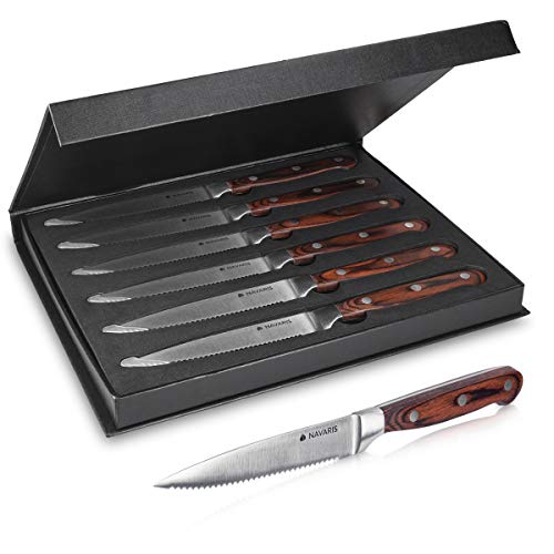 Navaris 6x Steakmesser Set mit Holzgriff - Besteck Messer 6-teilig - Besteckset aus Edelstahl und Holz mit Geschenkbox - Wellenschliff Steakbesteck von Navaris