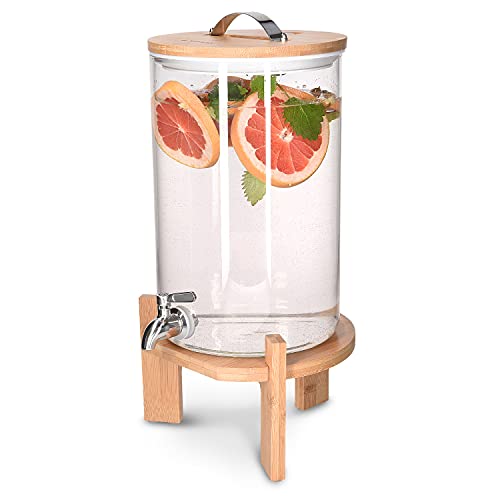 Navaris 7L Getränkespender mit Zapfhahn aus Edelstahl - Glas Wasserspender mit Stand aus Bambus Holz - Spender aus hitzebeständigem Borosilikatglas von Navaris