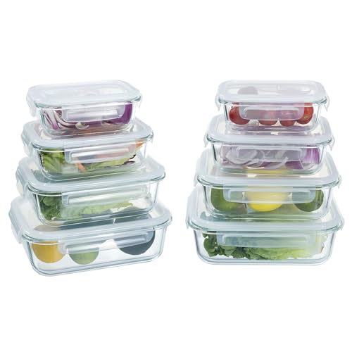 Navaris 8er Set Glasbehälter mit Deckel - 8x Frischhaltedosen aus Glas - Glasdosen Set - 8x Glasschüssel in verschiedenen Größen - Meal Prep Boxen Glass - Glas Aufbewahrung Set von Navaris